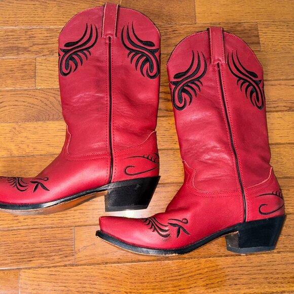 Embroidered Red Leather Western Cowboy Boots Woman Size 8 - Picture 5 of 7
